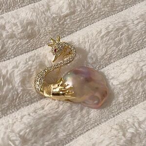 Gold-Tone Swan genuine Baroque Pearl Brooch with Iridescent Shell Accent